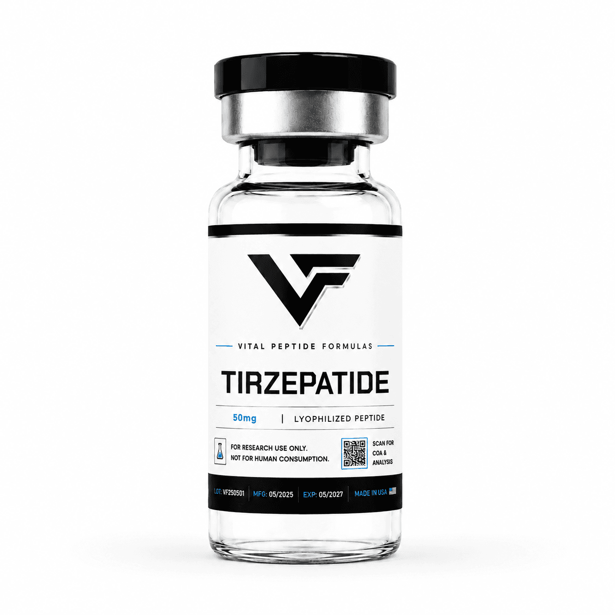 TIRZEPATIDE research compound vial — for laboratory research use only